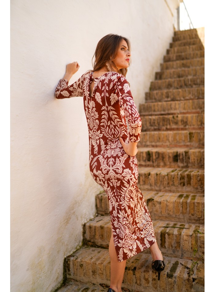 Robe en maille imprimée drapée à manches longues