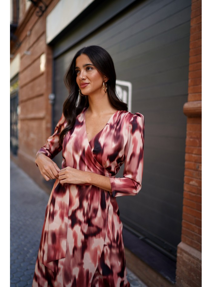 Brown printed midi cross over dress with long...