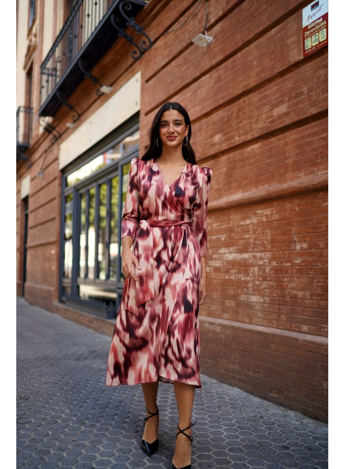 Vestido cruzado midi marrón estampado con manga larga y cinturón para ocasiones especiales