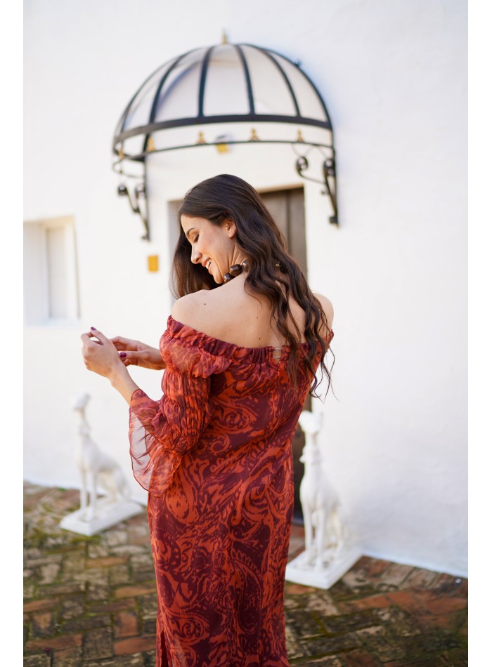 Midi dress with puffed sleeves and printed pattern