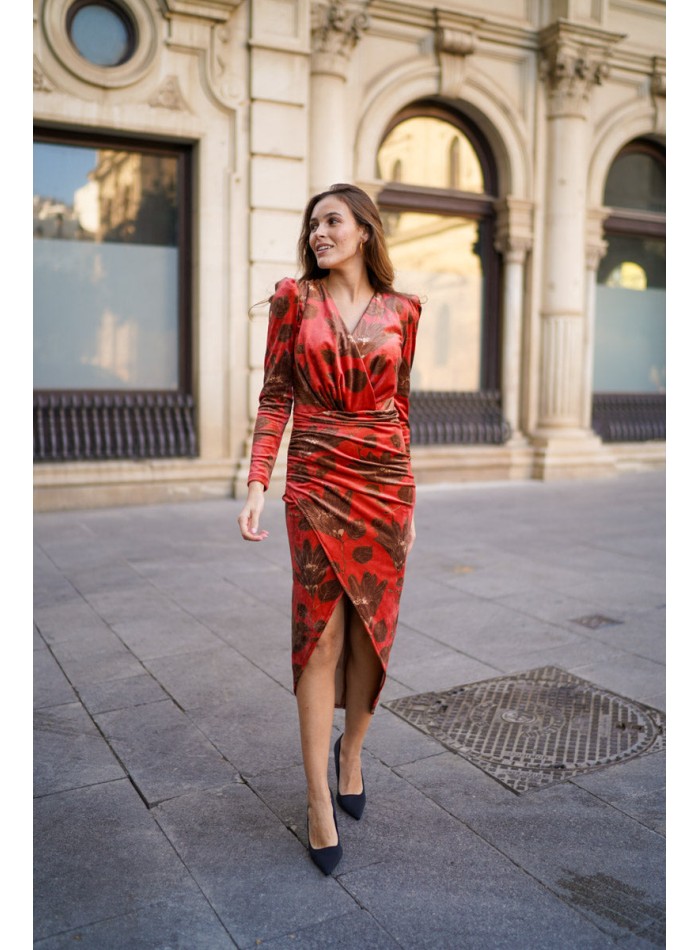 Vestido de fiesta en terciopelo estampado con manga larga para eventos especiales