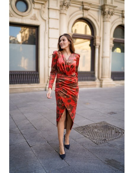 Robe de soirée en velours imprimé à manches longues