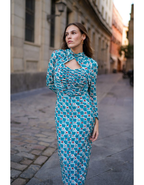 Blue midi dress in printed silk knitted fabric 2