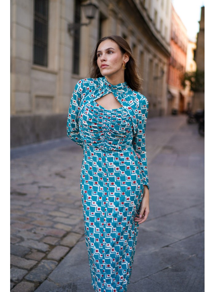 Robe midi bleue en maille de soie imprimée