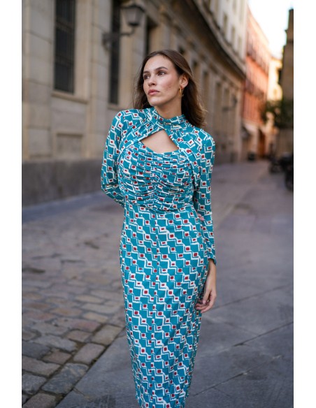 Vestido midi azul de punto de seda estampado para bodas de mañana