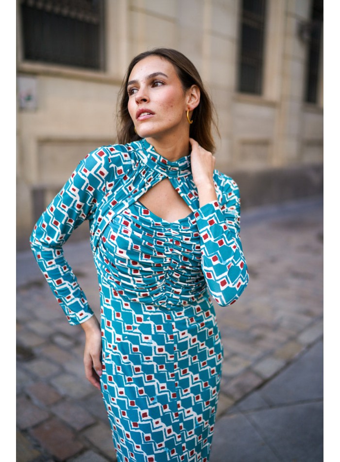 Robe midi bleue en maille de soie imprimée