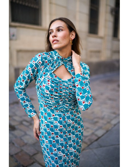 Robe midi bleue en maille de soie imprimée