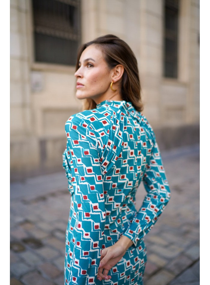 Robe midi bleue en maille de soie imprimée