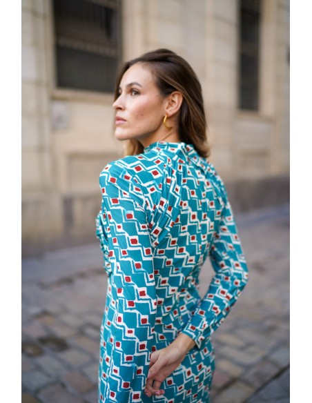 Blue midi dress in printed silk knitted fabric