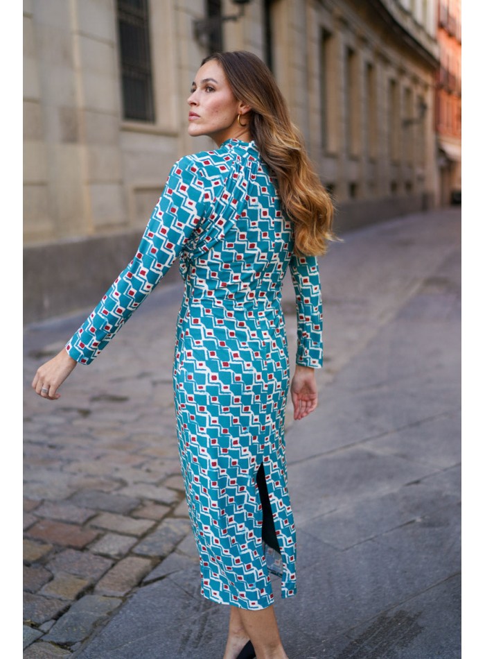 Robe midi bleue en maille de soie imprimée