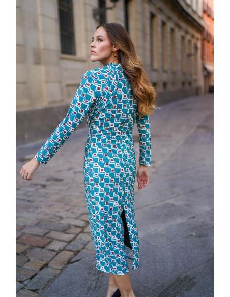 Robe midi bleue en maille de soie imprimée