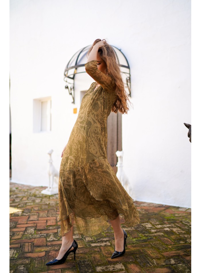 Olive green midi dress with baroque print and...
