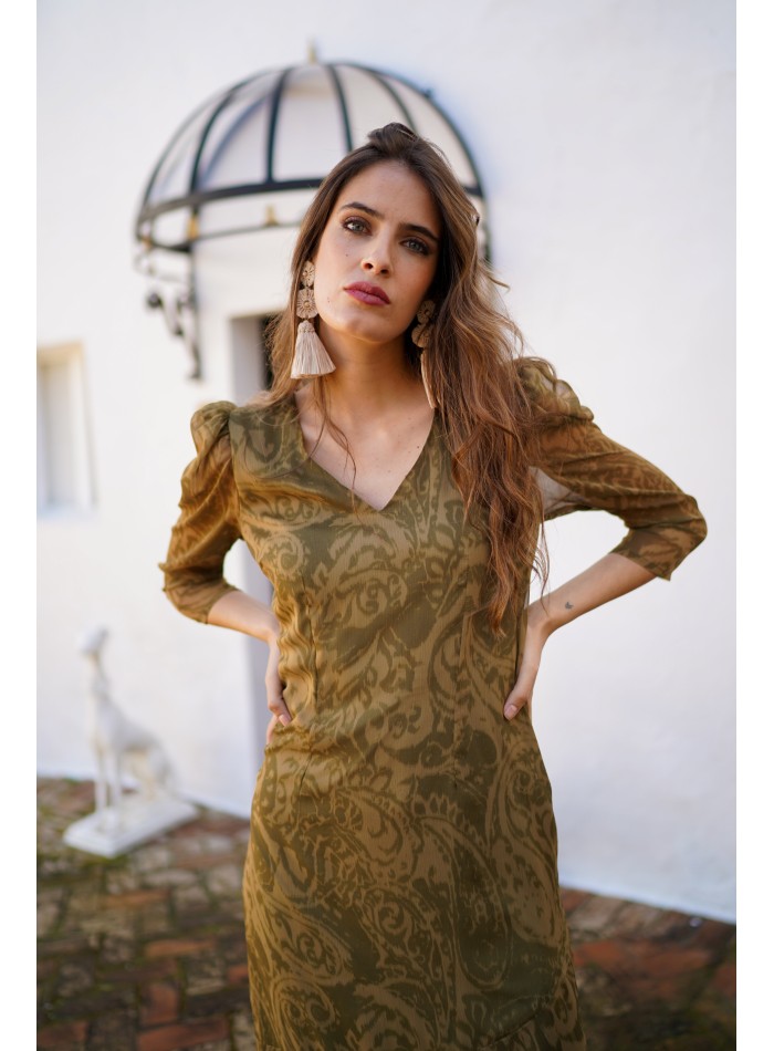 Robe midi vert olive à imprimé baroque et volants