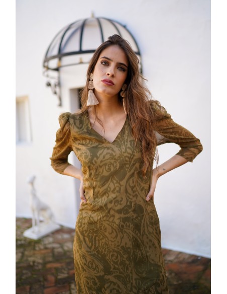 Robe midi vert olive à imprimé baroque et volants