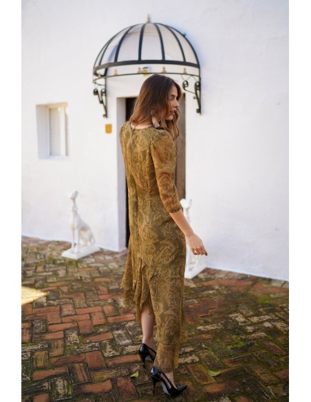 Olive green midi dress with baroque print and flounces