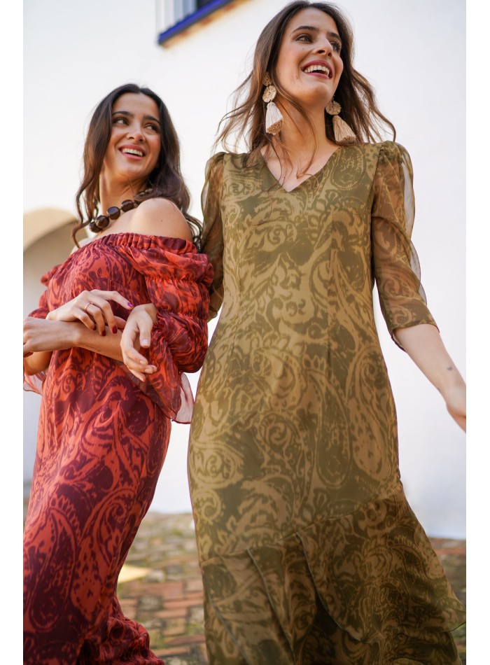 Olive green midi dress with baroque print and...