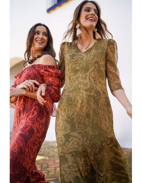 Robe midi vert olive à imprimé baroque et volants