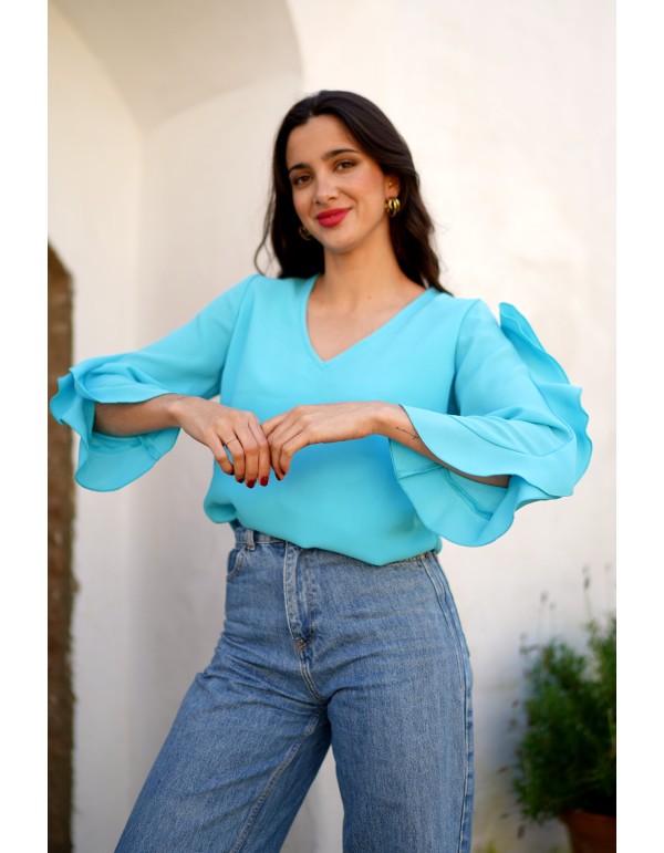 Aquamarine blouse with neckline slit and ruffle sleeves 2