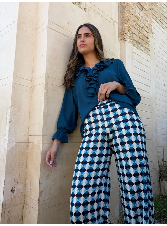 Pantalon en maille imprimé bleu pétrole