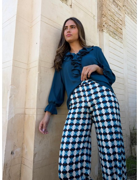 Pantalon en maille imprimé bleu pétrole