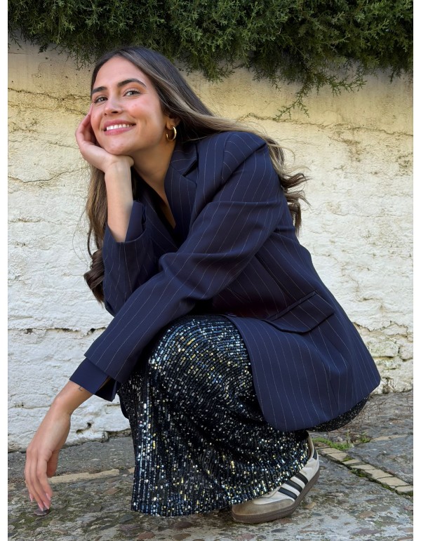 Falda larga de lentejuelas azul marino con corte recto 2