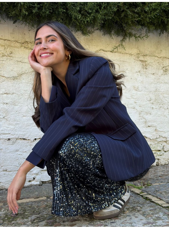 Navy blue sequined straight cut long skirt