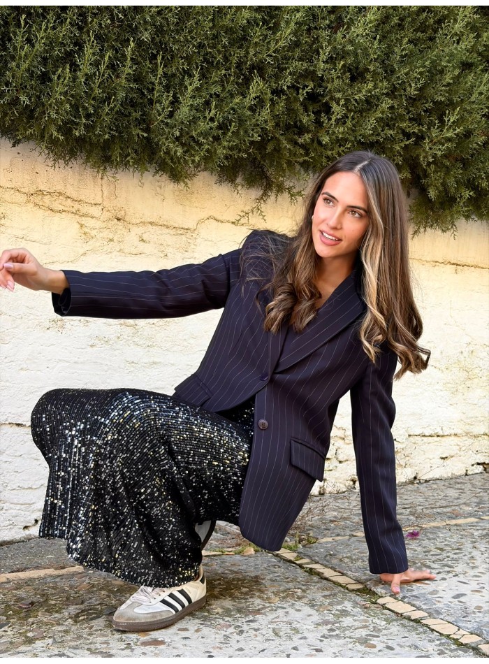 Navy blue sequined straight cut long skirt