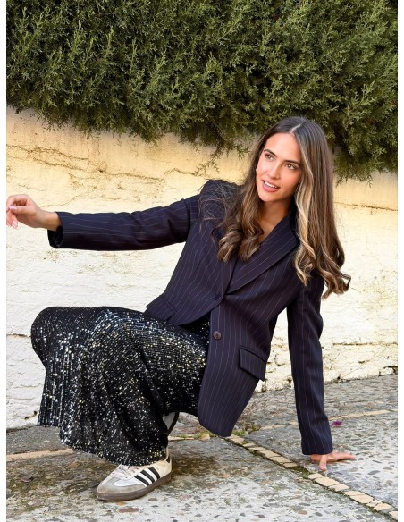 Navy blue sequined straight cut long skirt