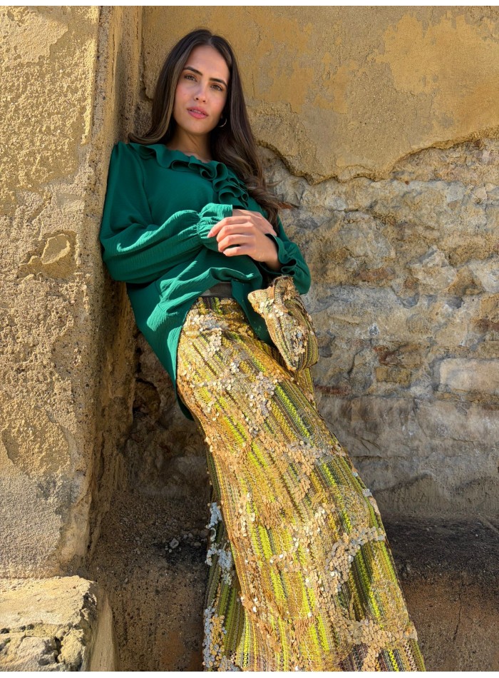Long maxi skirt in green and gold sequins with...