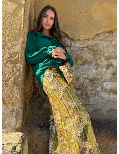 Long maxi skirt in green and gold sequins with straight cut