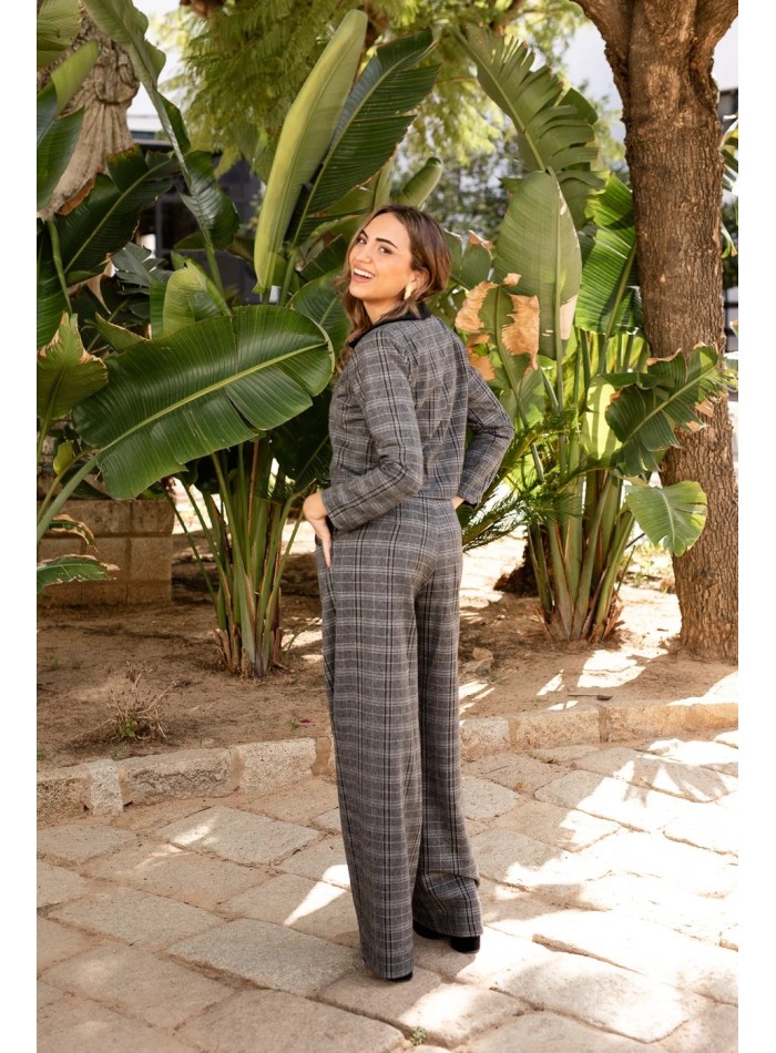Pantalon long à carreaux gris et noirs