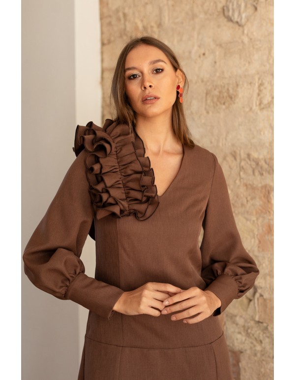 Midi dress with brown ruffle and long puffed sleeves 2