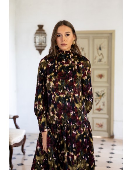 Robe midi imprimée avec hanches basses et manches longues