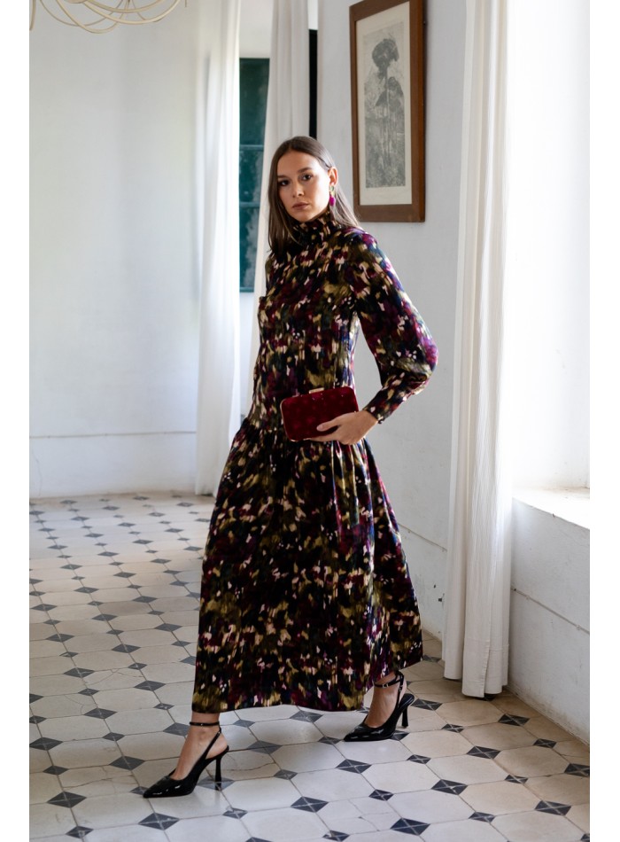 Vestido midi estampado con cadera baja y manga larga para eventos especiales