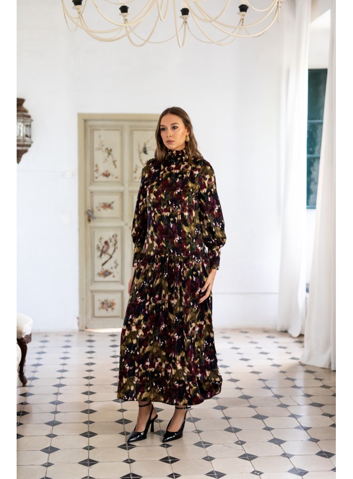 Printed midi dress with low hip and long sleeves