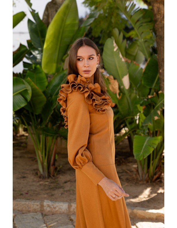 Midi dress with ruffle and long puffed sleeves 2