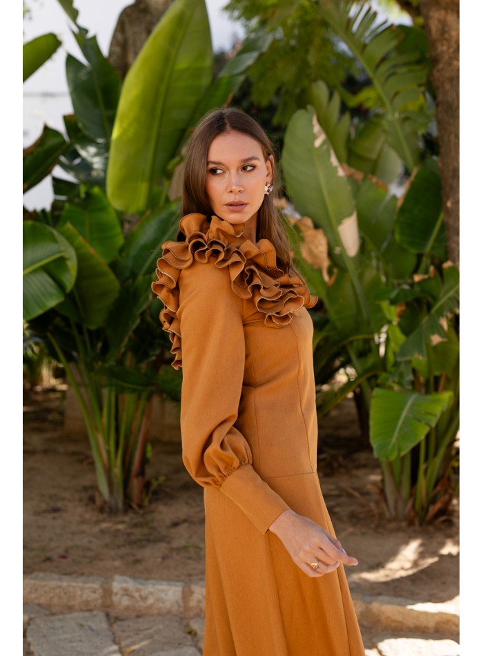 Midi dress with ruffle and long puffed sleeves