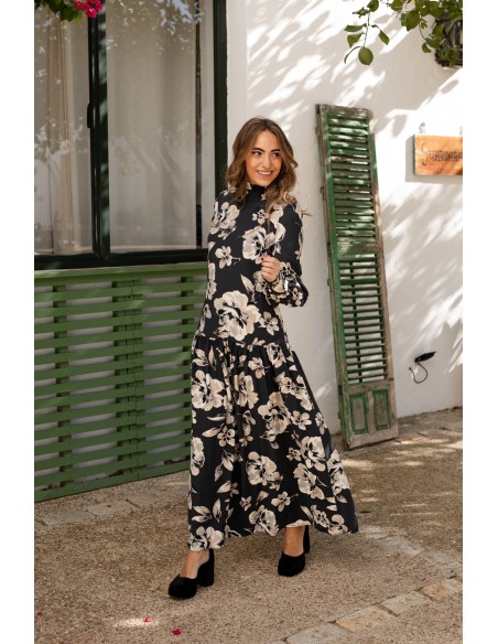 Blue flower print midi dress with long puffed sleeves
