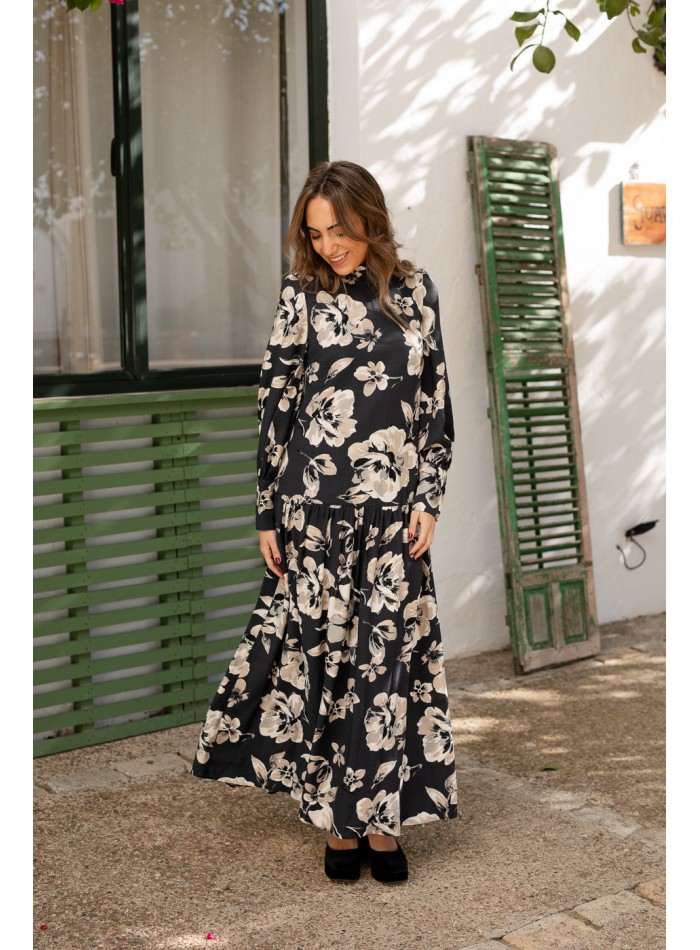 Blue flower print midi dress with long puffed...