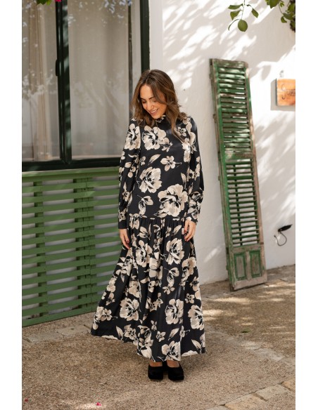 Vestido midi estampado flores azul y manga larga abullonada para ocasiones especiales