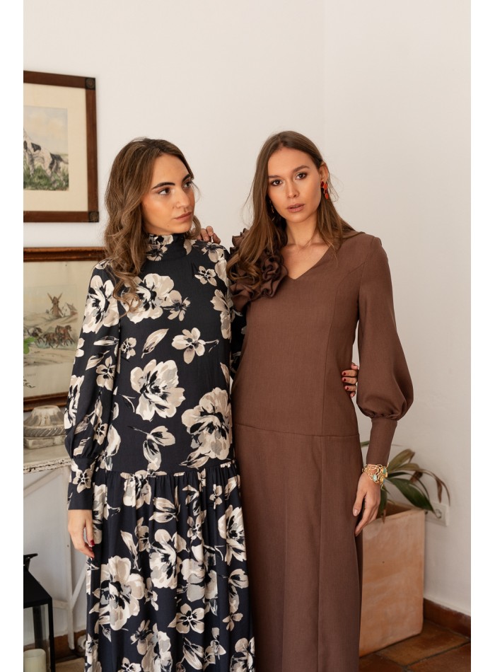 Robe midi à imprimé floral bleu et manches...