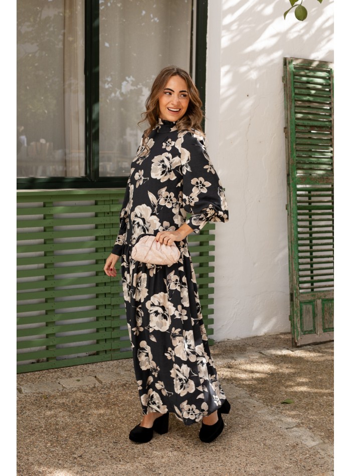 Robe midi à imprimé floral bleu et manches...