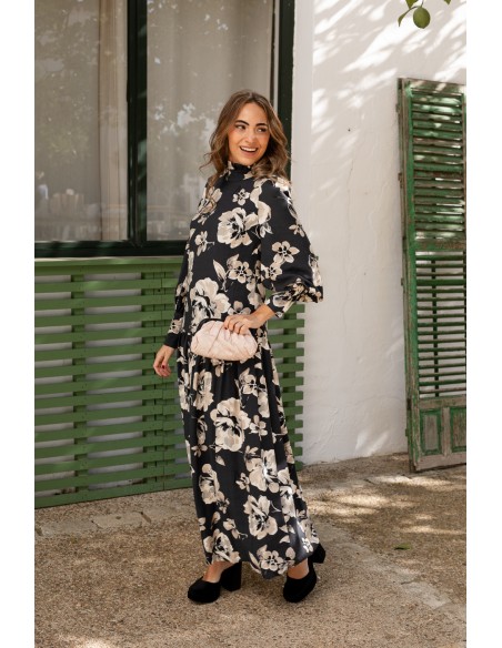 Robe midi à imprimé floral bleu et manches longues bouffantes