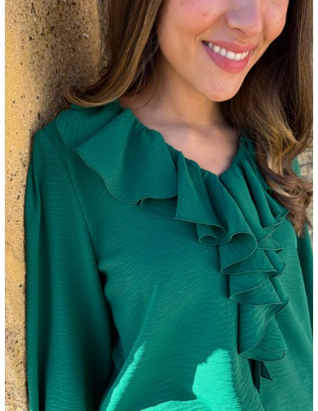 Green blouse with ruffles and long ruffled sleeves