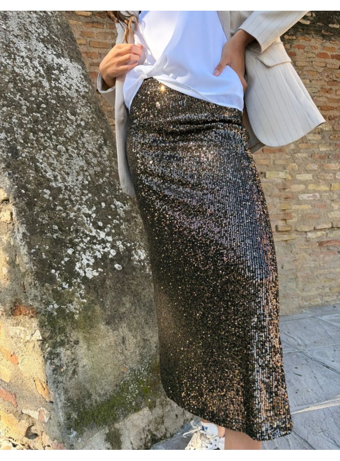Jupe longue maxi à paillettes dorées et coupe...