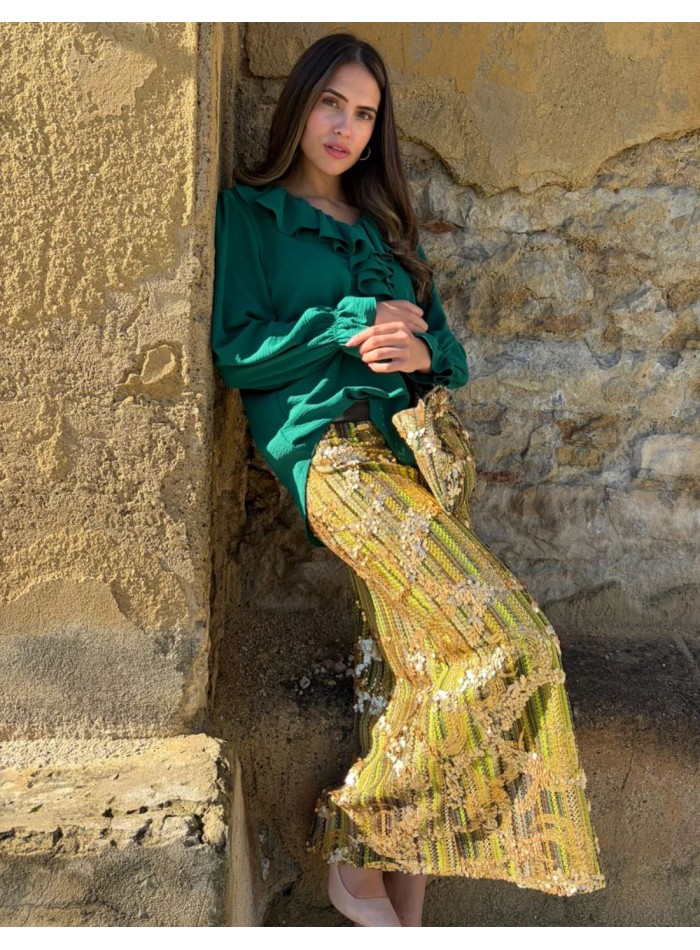 Long maxi skirt in green and gold sequins with...