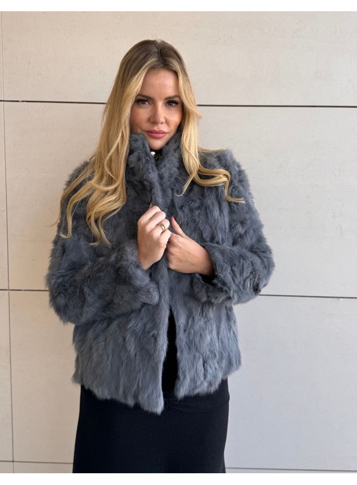 Chaqueta de pelo de conejo color gris para mujer