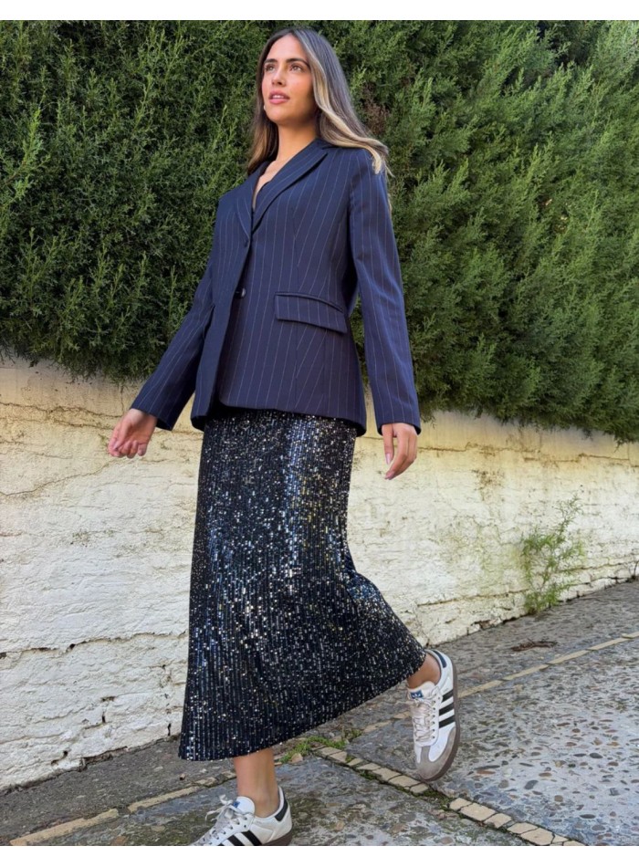 Navy blue sequined straight cut long skirt