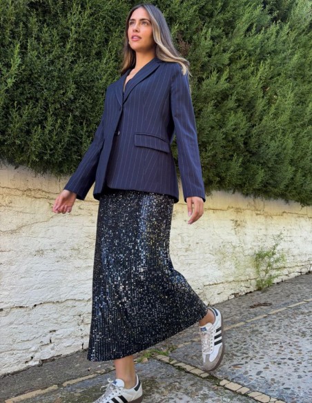 Navy blue sequined straight cut long skirt