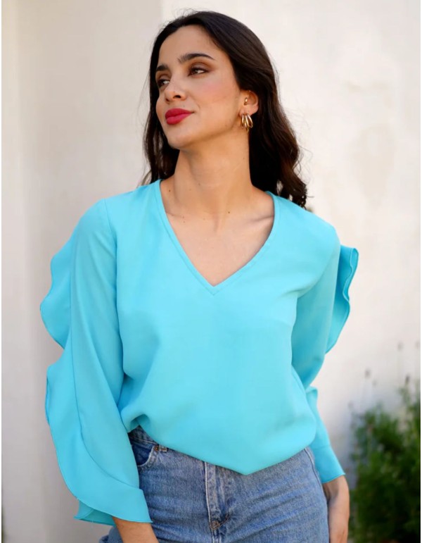 Aquamarine blouse with neckline slit and ruffle sleeves